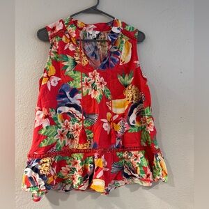 Crown & Ivy Red Tropical Print Blouse sz Large